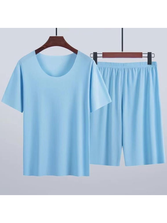 Men's Ice Silk Short Sleeve Pajama Set, Lightweight Cool Sleepwear Breathable Loungewear for Summer Night & Casual Wear, 2PC