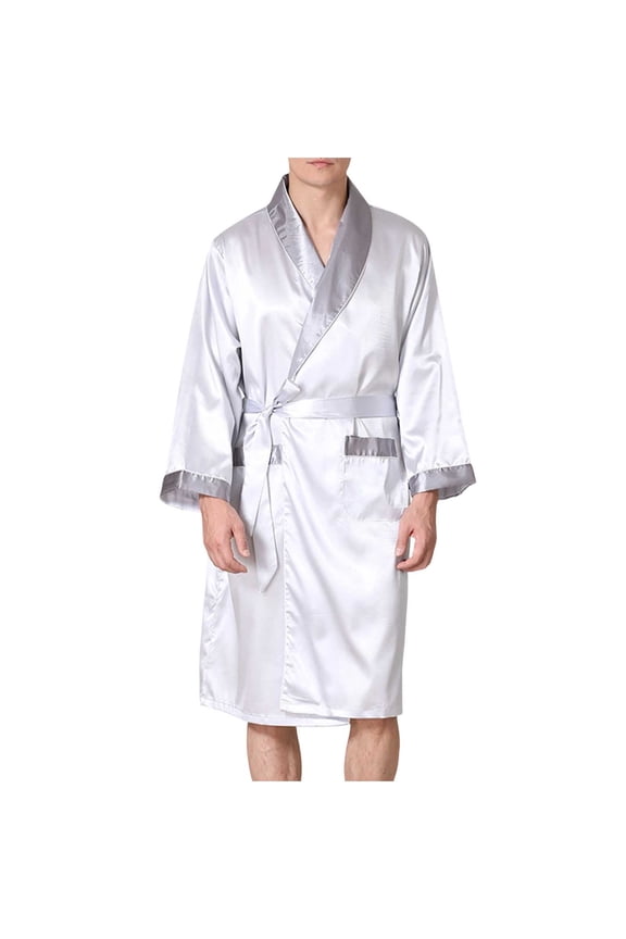 Men's Icy Silk Kimono Robe, Long Sleeve Shawl Collar with Contrast Trim and Belt Closure, Cooling Summer Bathrobe for Home, Travel and Spa Pjm Nightgown