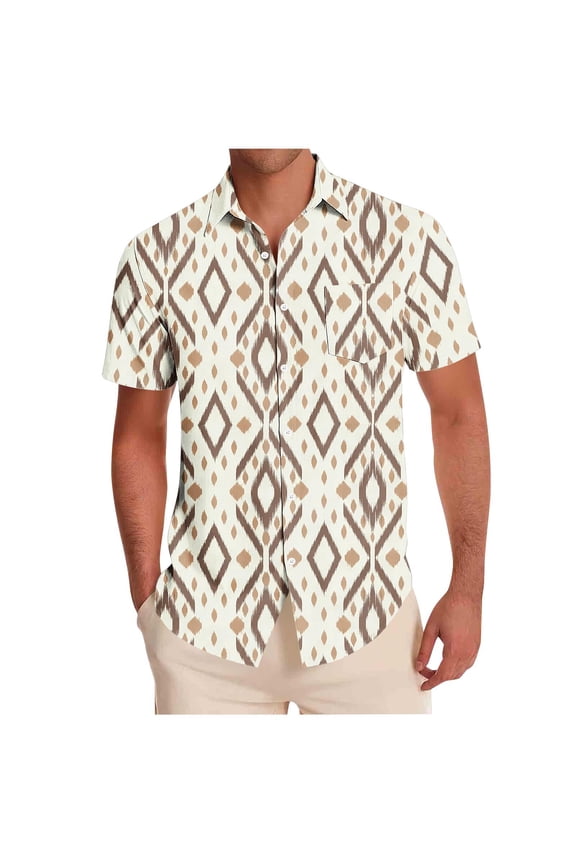 Men's Ikat Geometric Print Short Sleeve Button-Down Shirt, Beige & Brown Aztec Pattern Casual Summer Shirt with Chest Pocket, S-5XL