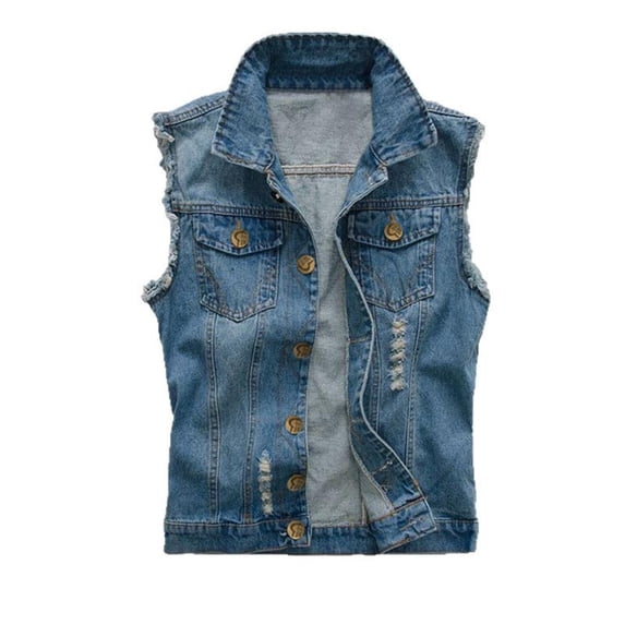 Fewfanhot Men's Light Wash Denim Vest with Distressed Rips, Sleeveless Button Down Jacket Trendy Slim Fit Vintage Casual Ripped Summer Jean Vest for Men