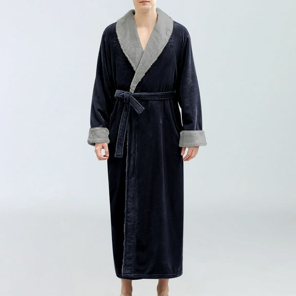 Fewfanhot Men's Long Robe, Big and Tall Plush Fleece Long Robe Full-Length Bathrobe for Homewear Lounging Comfort