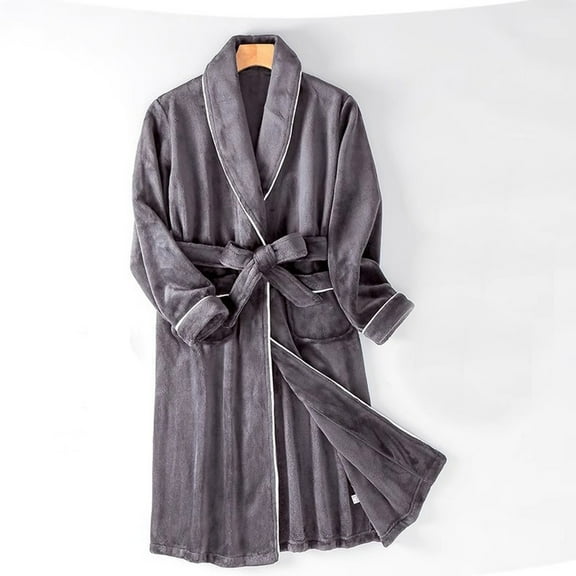 Fewfanhot Men's Long Robe Cardigan Front Tie Closure Bathrobe with Pocket Solid Color for Home Wear Cozy and Warm