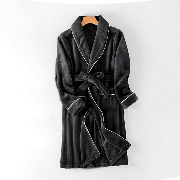 Fewfanhot Men's Long Robe Cardigan Front Tie Closure Bathrobe with Pocket Solid Color for Home Wear Cozy and Warm