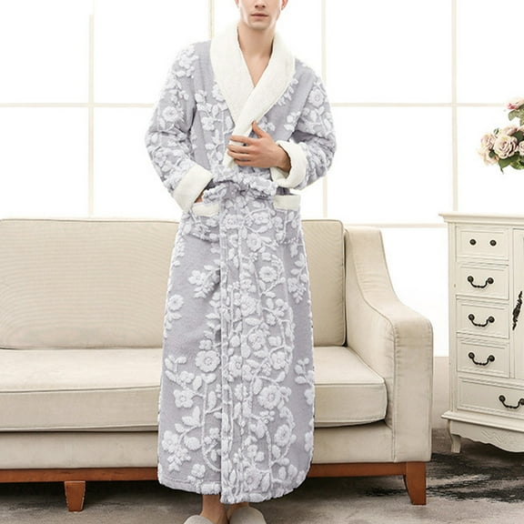 Fewfanhot Men's Long Robe with Faux-Fur Trim Collar Cuffs Placket Front Pocket Full-Length Bathrobe for Luxury Loungewear