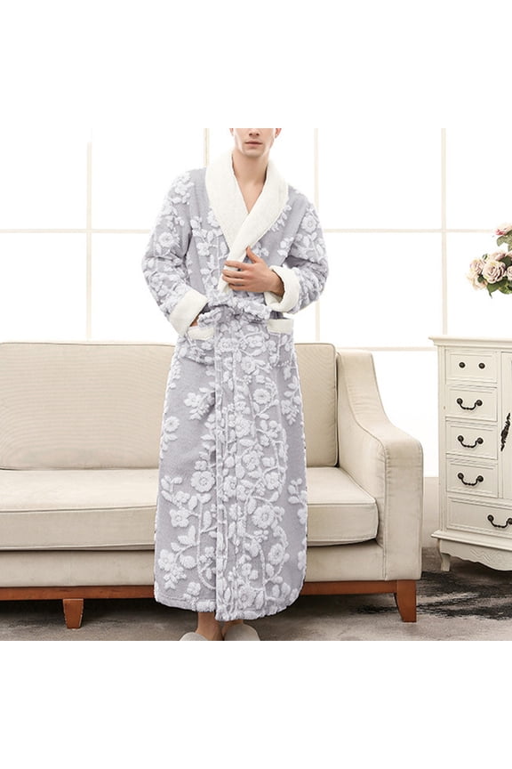 Men's Long Robe with Faux-Fur Trim Collar Cuffs Placket Front Pocket Full-Length Bathrobe for Luxury Loungewear