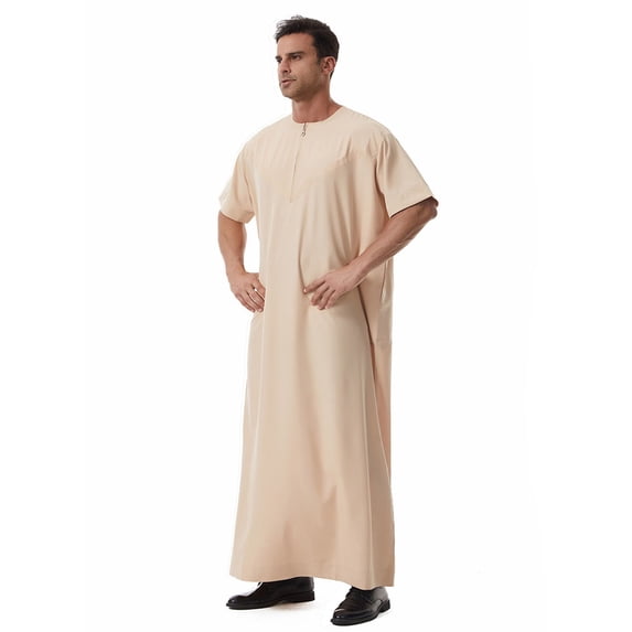 Fewfanhot Men's Long Sleeve Muslim Thobe, Solid Color Collared Kaftan Robe, Traditional Islamic Jubba, S-3XL