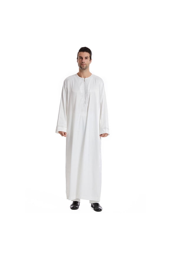 Men's Long Sleeve Muslim Thobe, Solid Color Collared Kaftan Robe, Traditional Islamic Jubba with Pockets, S-3XL
