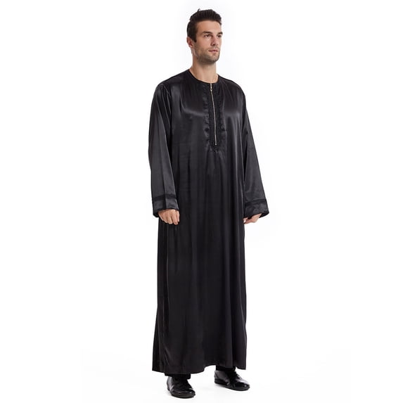 Fewfanhot Men's Long Sleeve Muslim Thobe, Solid Color Collared Kaftan Robe, Traditional Islamic Jubba with Pockets, S-3XL