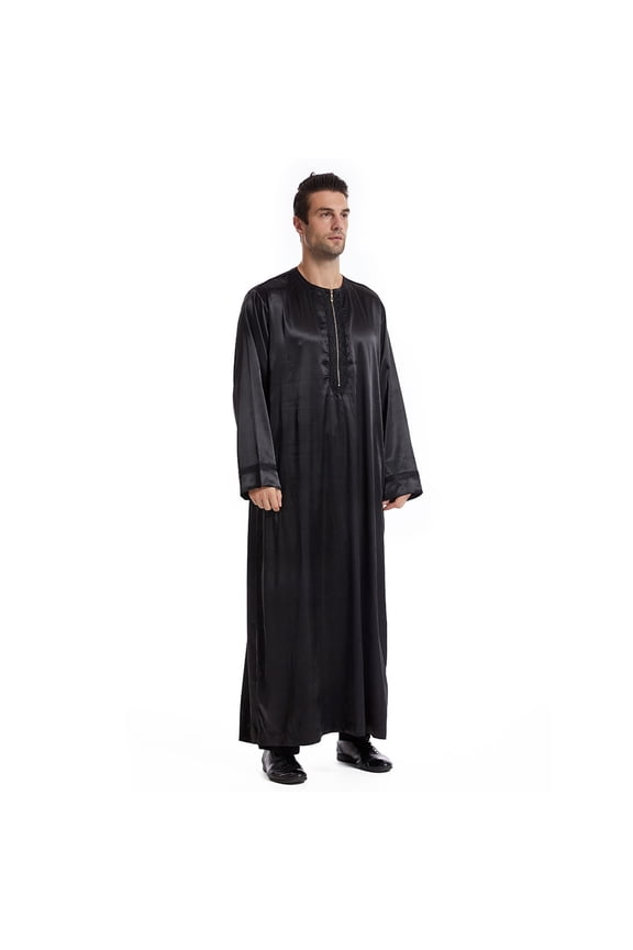 Men's Long Sleeve Muslim Thobe, Solid Color Collared Kaftan Robe, Traditional Islamic Jubba with Pockets, S-3XL