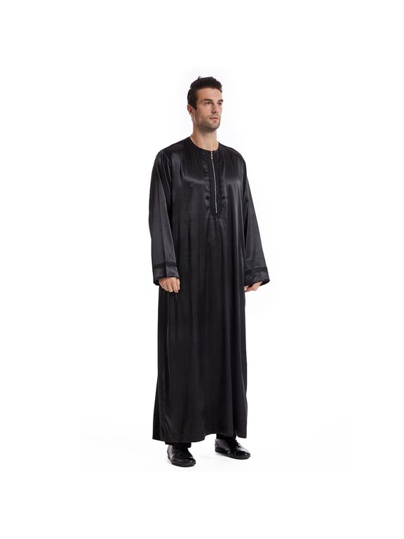 Men's Long Sleeve Muslim Thobe, Solid Color Collared Kaftan Robe, Traditional Islamic Jubba with Pockets, S-3XL