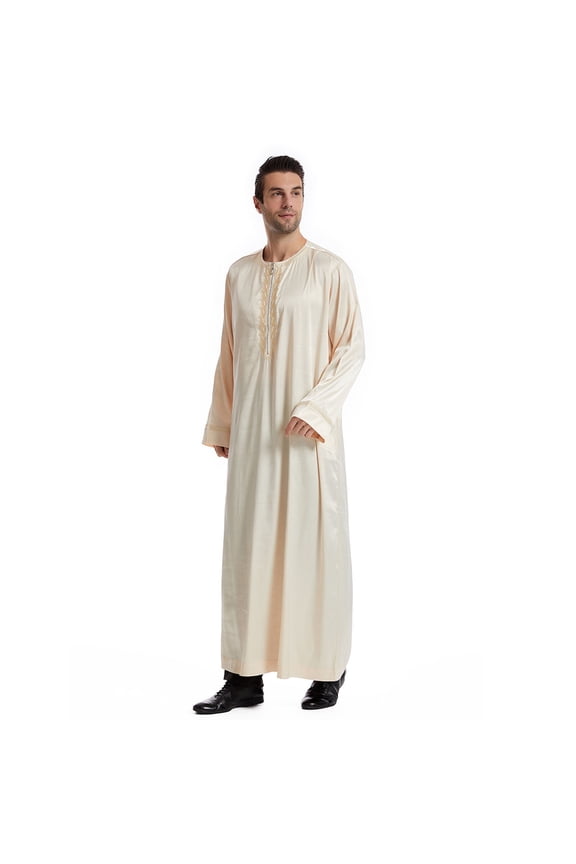 Men's Long Sleeve Muslim Thobe, Solid Color Collared Kaftan Robe, Traditional Islamic Jubba with Pockets, S-3XL