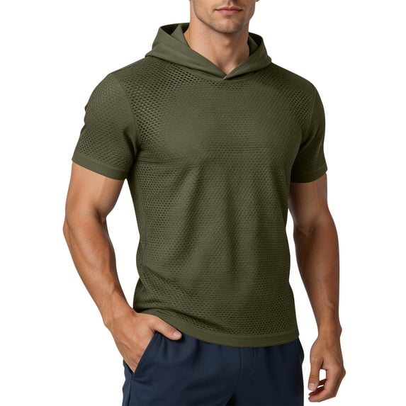 Fewfanhot Men's Mesh Breathable Short Sleeve Hooded T-Shirts, Casual Quick Dry Workout Tops, Lightweight Athletic Shirts for Gym, S-3XL