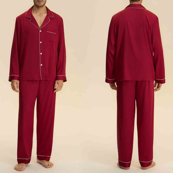 Fewfanhot Men's Pajama Set Solid Color Long Sleeve Button Front Design with Chest Pocket Comfortable Sleepwear for Restful Nights