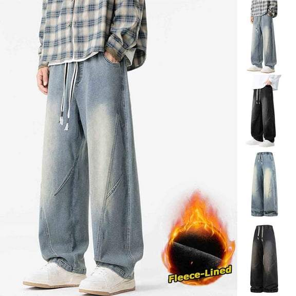 Fewfanhot Men's Pants Baggy Jeans for Men Stylish Wide Leg Skater Jeans Loose Fit Denim Pants Streetwear