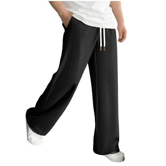 Fewfanhot Men's Pants Wide Leg Baggy Sweatpants Drawstring Elastic Waist Athletic Trousers with Pockets Streetwear
