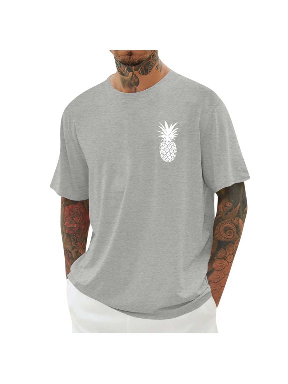 Men's Pineapple Print Casual T-Shirt, Small Logo Short Sleeve Tee, Breathable Summer Beach Top, M-4XL