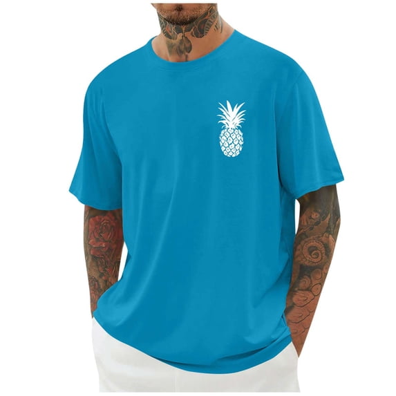 Fewfanhot Men's Pineapple Print Casual T-Shirt, Small Logo Short Sleeve Tee, Breathable Summer Beach Top, M-4XL