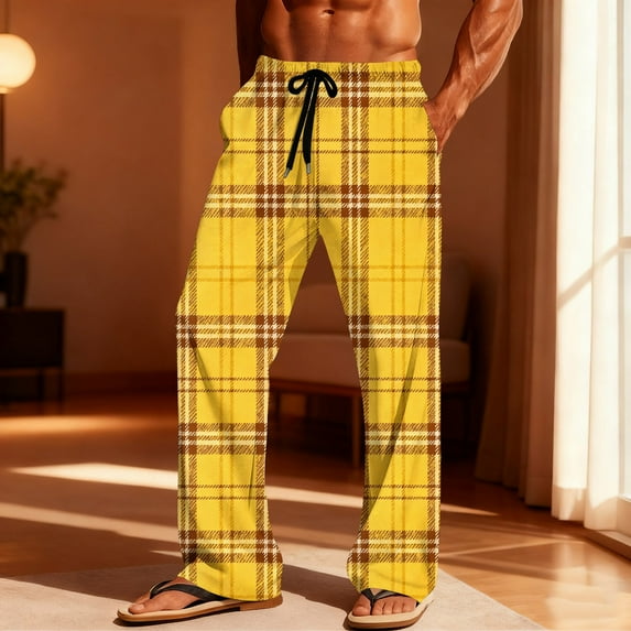 Fewfanhot Men's Plaid Print Pajama Pants Loose Straight Vintage & Elastic Waist Casual Leisure Sleepwear Pants with Pockets