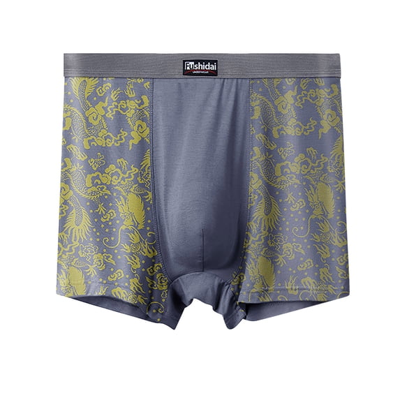 Fewfanhot Men's Plus Size Boxer Briefs Cotton Underwear, Wide Elastic Waist Mid-Length Trunks ChineseDragon Print Daily Underpants for Men, Gray 3XL