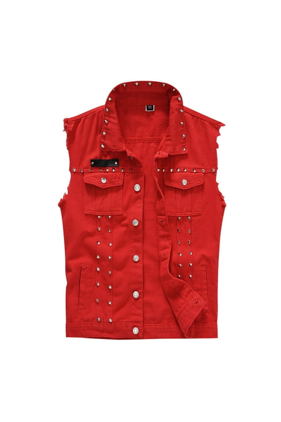 Men's Red Denim Vest with Metal Studs Sleeveless Button Down Jacket, Edgy Rock Style for Motorcycle,Biker,Streetwear and Concerts