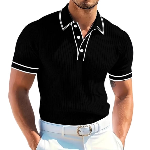 Fewfanhot Men's Ribbed Knit Collared Short Sleeve Top, Casual Button Placket Shirt with White Trim, Breathable Summer Tee Tops, S-2XL