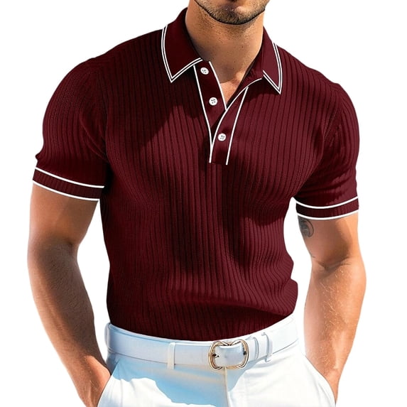 Fewfanhot Men's Ribbed Knit Collared Short Sleeve Top, Casual Button Placket Shirt with White Trim, Breathable Summer Tee Tops, S-2XL