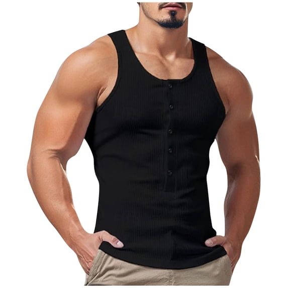 Fewfanhot Men's Ribbed Tank Top with Button Placket, Casual Sleeveless Shirt for Summer Soft Cotton Blend Muscle Fit Style Waistcoat