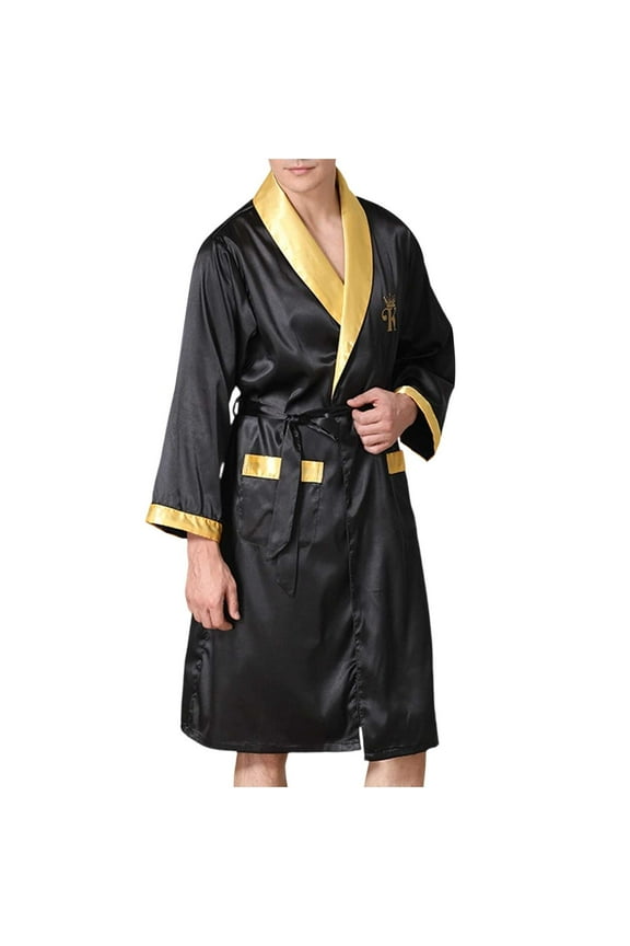 Men's Satin Silk-Touch Kimono Robe, Notch Lapel Collar with Gold Trim, Lightweight Smooth Lounge Wear Bathrobe for Spa After Shower & Summer Pool Party Evenings