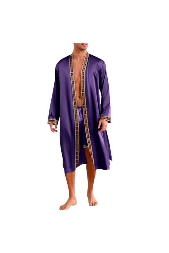 Men's Satin Touch Robe with Gold Trim, Mid-Length Kimono Style Bathrobe, Smooth Lightweight Lounge Wear for After Shower, Hotel and Spa, M-2XL