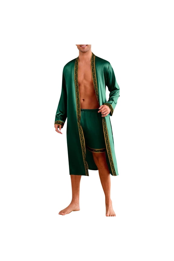 Men's Satin Touch Robe with Gold Trim, Mid-Length Kimono Style Bathrobe, Smooth Lightweight Lounge Wear for After Shower, Hotel and Spa, M-2XL