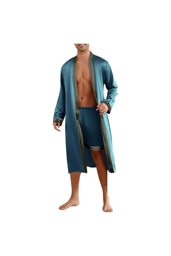 Men's Satin Touch Robe with Gold Trim, Mid-Length Kimono Style Bathrobe, Smooth Lightweight Lounge Wear for After Shower, Hotel and Spa, M-2XL