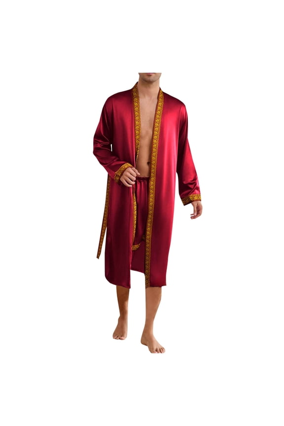 Men's Satin Touch Robe with Gold Trim, Mid-Length Kimono Style Bathrobe, Smooth Lightweight Lounge Wear for After Shower, Hotel and Spa, M-2XL