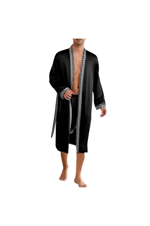 Men's Satin Touch Robe with Gold Trim, Mid-Length Kimono Style Bathrobe, Smooth Lightweight Lounge Wear for After Shower, Hotel and Spa, M-2XL