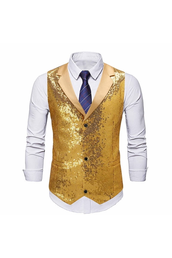 Men's Sequin V-Neck Vest Formal Sleeveless Top for Stage Performance Host and Evening Special Events