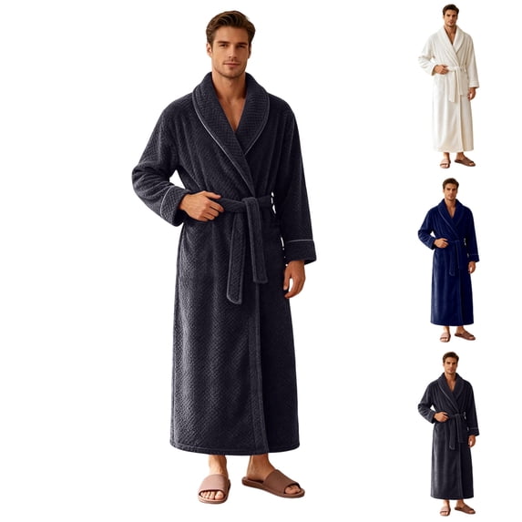 Fewfanhot Men’s Shawl Collar Fleece Bath Robe, Long Wrap‑Around House Robe with Self‑Tie Belt, Sleep Robe for Adult Men M‑XL
