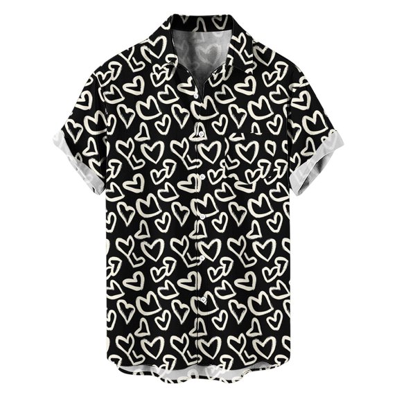 Fewfanhot Men's Shirts Hawaiian Valentine's Day Heart Print Button Down Short Sleeve Casual Fashion Shirt