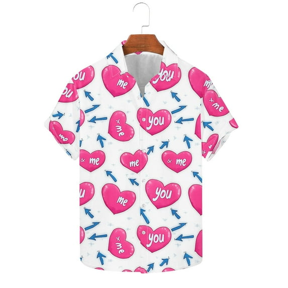 Fewfanhot Men's Shirts Valentines Day Shirt Heart Print Button Down Collared Short Sleeve Hawaiian Shirt