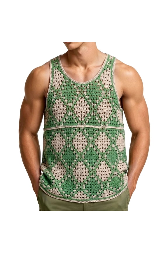 Men's Sleeveless Tank Top Casual Crochet Knit Rhombus Pattern Breathable Openwork U-Neck Vest, Summer Beach Daily Outdoor Wear, S-3XL