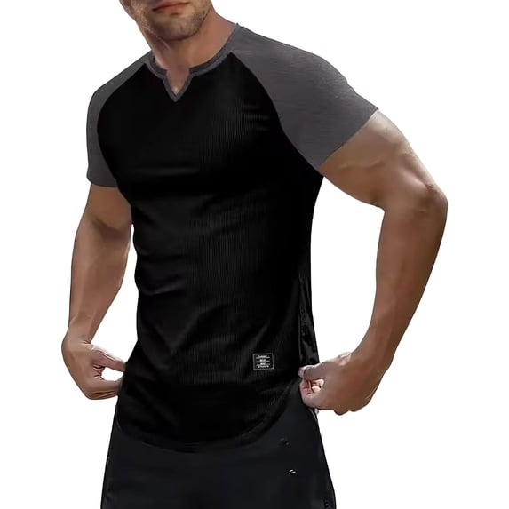 Fewfanhot Men's Slim Fit Raglan Sleeve Notch Neck T-Shirt, Ribbed Knit Color Block Casual Top, Breathable Fashion Tee for Men, S-3XL