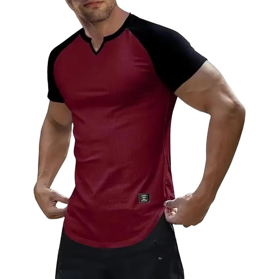 Fewfanhot Men's Slim Fit Raglan Sleeve Notch Neck T-Shirt, Ribbed Knit Color Block Casual Top, Breathable Fashion Tee for Men, S-3XL