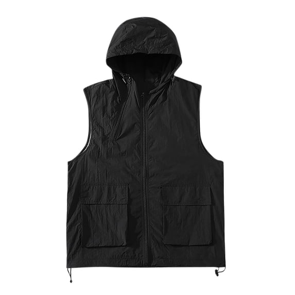 Fewfanhot Men's Solid Color Hooded Sleeveless Vest with Pockets, Loose Fit Utility Top for Casual and Outdoor Wear