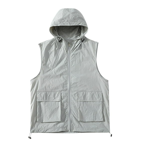 Fewfanhot Men's Solid Color Hooded Sleeveless Vest with Pockets, Loose Fit Utility Top for Casual and Outdoor Wear
