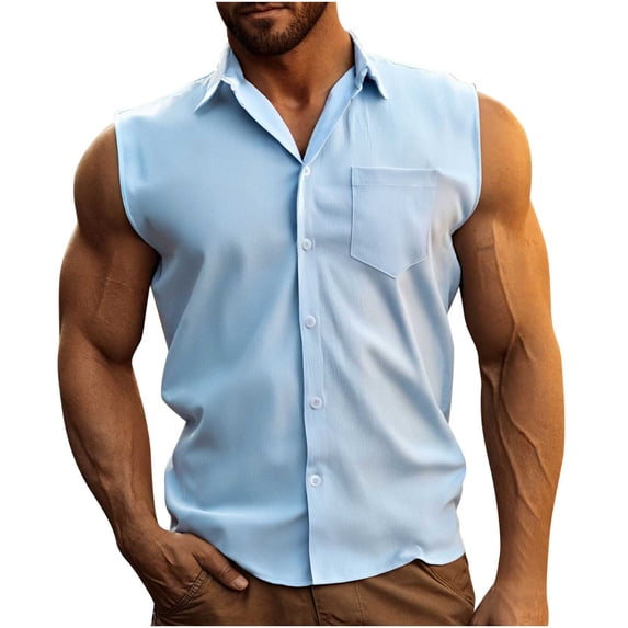 Fewfanhot Men's Solid Color Sleeveless Button Down Shirt Collared Vest Top with Utility Pocket, Lightweight Summer Beach T-Shirt Travel Casual Tops
