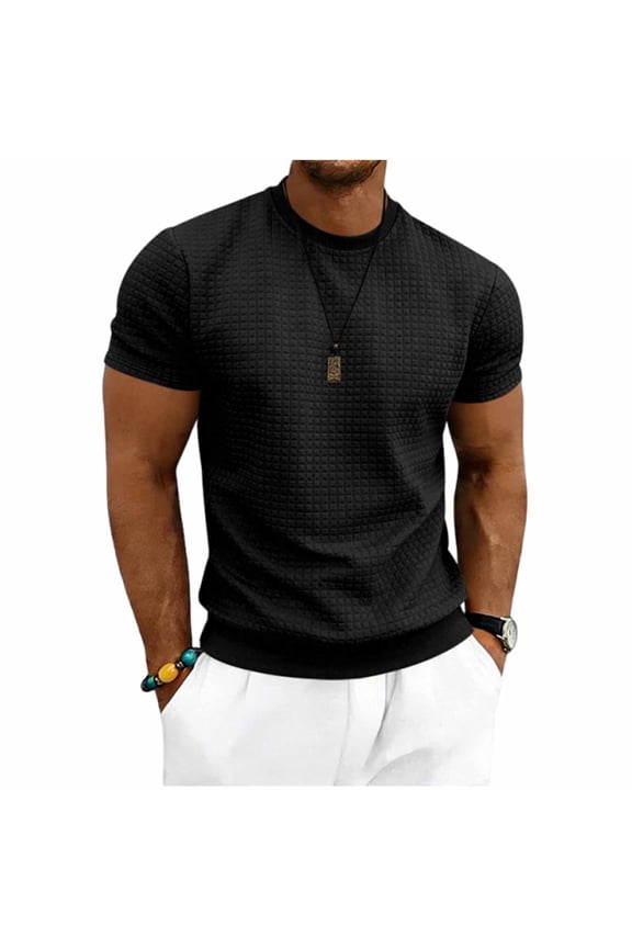 Men's Solid Color Square Grid Textured T-Shirt, Casual Fashion Short Sleeve Crew Neck Tee Top, Gifts for Him, M-3XL