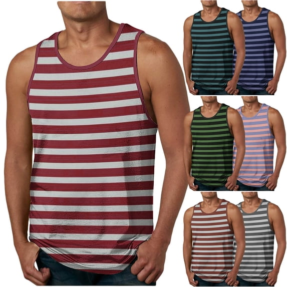 Fewfanhot Men’s Striped Sleeveless Tank Top Summer Casual Breathable Athletic Workout Muscle Tee