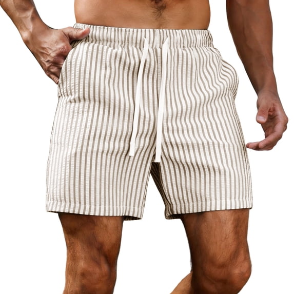 Fewfanhot Men's Striped Trunks Quick-Dry Elastic Waist Drawstring Beach Shorts with Side Pockets, Multi-Color Summer Shorts, S-2XL