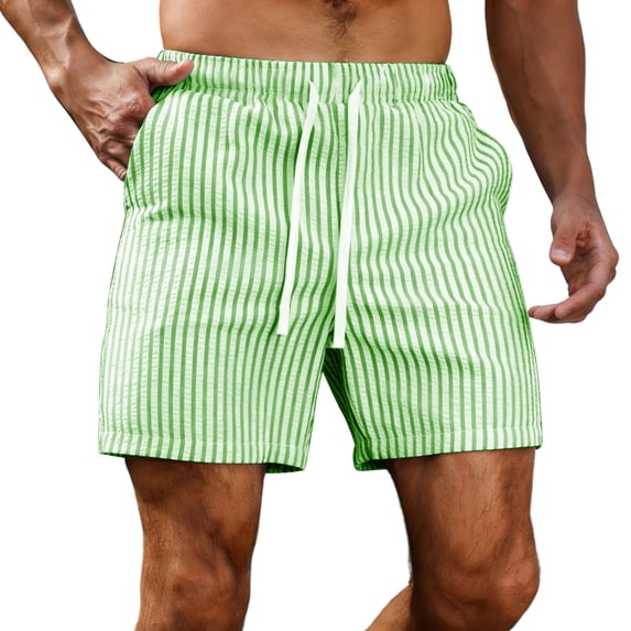 Fewfanhot Men's Striped Trunks Quick-Dry Elastic Waist Drawstring Beach Shorts with Side Pockets, Multi-Color Summer Shorts, S-2XL