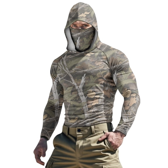 Fewfanhot Men's Sweatshirts Hunting Shirts with Mask Long Sleeve Camo Fishing Hoodie