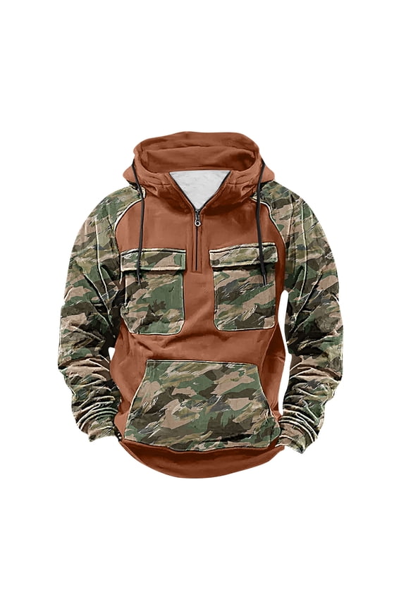 Men's Sweatshirts Pullover Hoodie Half Zipper Long Sleeve Contrast Color Sweatshirt with Kanga Pocket
