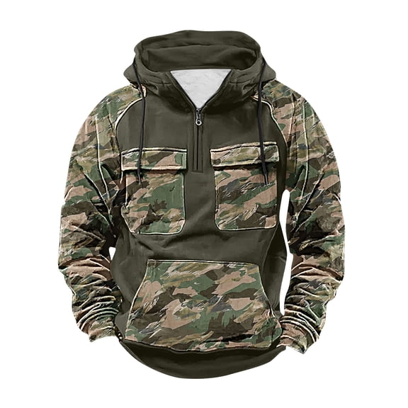 Fewfanhot Men's Sweatshirts Pullover Hoodie Half Zipper Long Sleeve Contrast Color Sweatshirt with Kanga Pocket